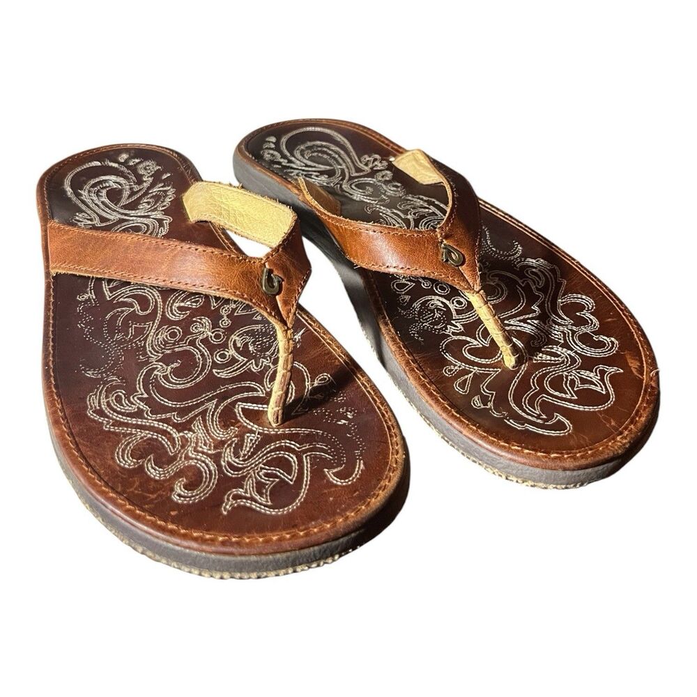 Olukai Paniolo Women’s Brown Leather Sandals Flip Flops Embroidered Size 8